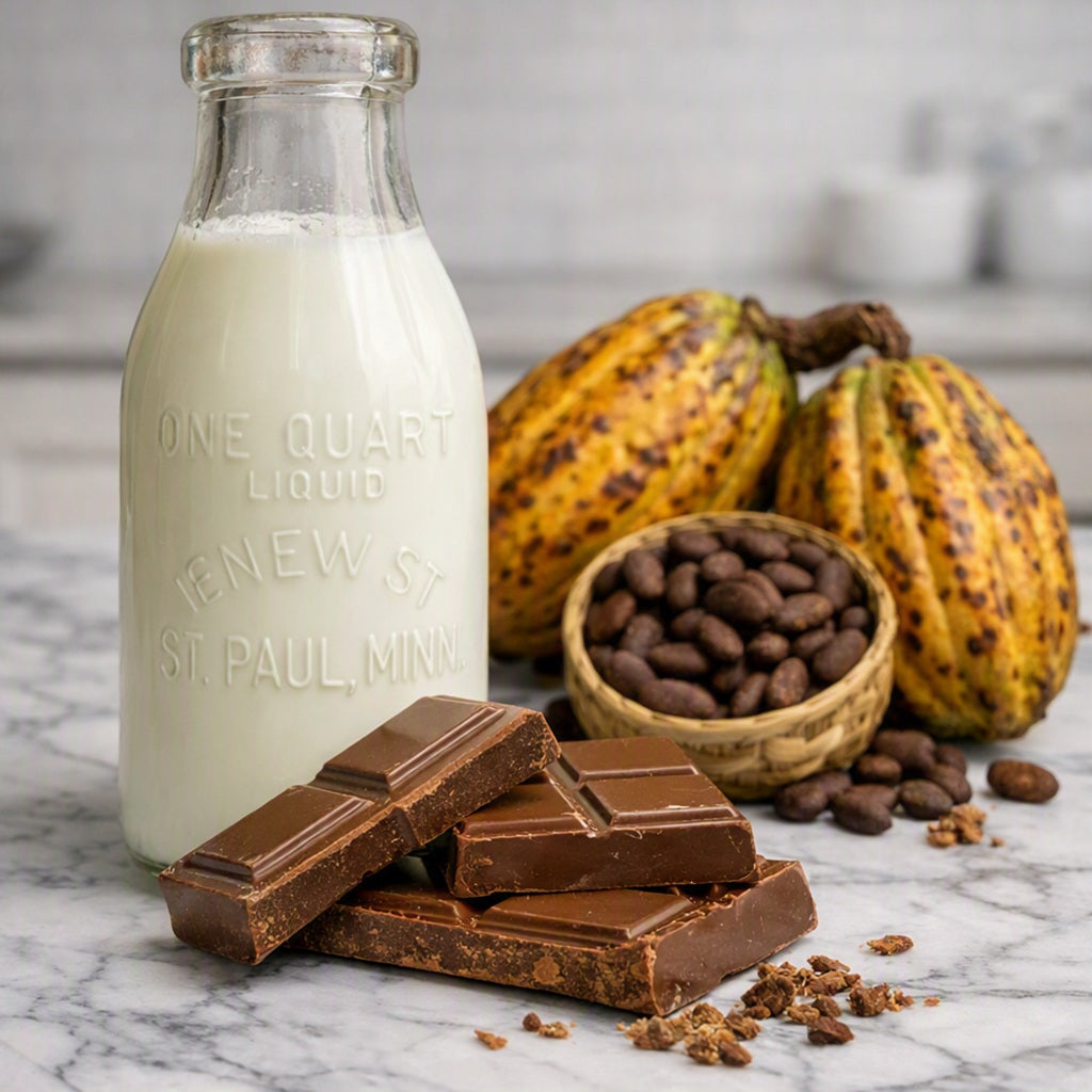 A glass milk bottle next to toasted cocoa beans and pods with milk chocolate pieces stacked in front.  Meant to give the idea of Milk Chocolate Fragrance Oil.