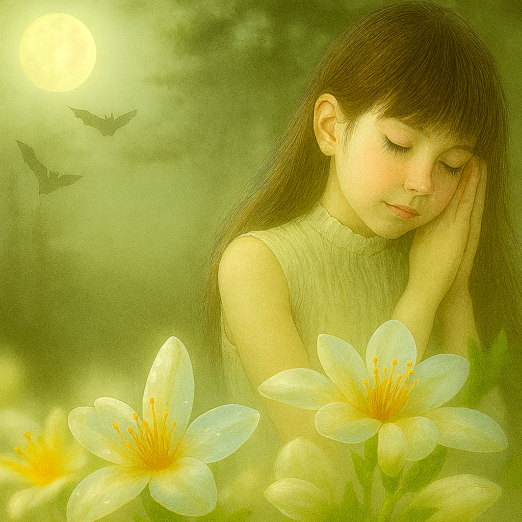 Girl resting peacefully among dew-covered white flowers in a misty moonlit forest, with furry flying friends drifting overhead — a dreamy, ethereal scene that reflects the soft, mysterious allure of Moon Dancers™ Fragrance Oil.