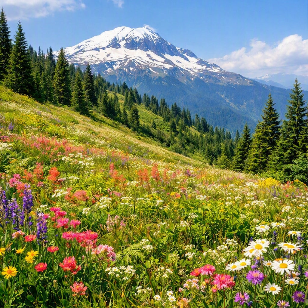 A carpet of wildflowers with a spruce tree background with a snowcapped mountain in the background.  This is the smell of Mountain Air Fragrance Oil.