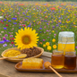 Golden honey jars and glistening hive chunks on a rustic plank table in a vibrant wildflower meadow, with a sunflower and fuzzy bees buzzing gently in the distance — a warm, sunlit scene that captures the sweet, floral essence of Mountain Meadow Honey™ Fragrance Oil.