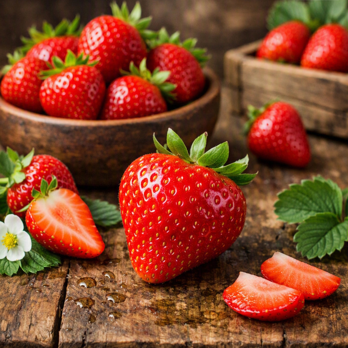 Fresh red strawberries arranged on a rustic wooden surface, with a whole strawberry in the center, sliced pieces, green leaves, a small white flower, and bowls of strawberries in the background. Gives the feel for Mouth Watering Strawberry Fragrance Oil