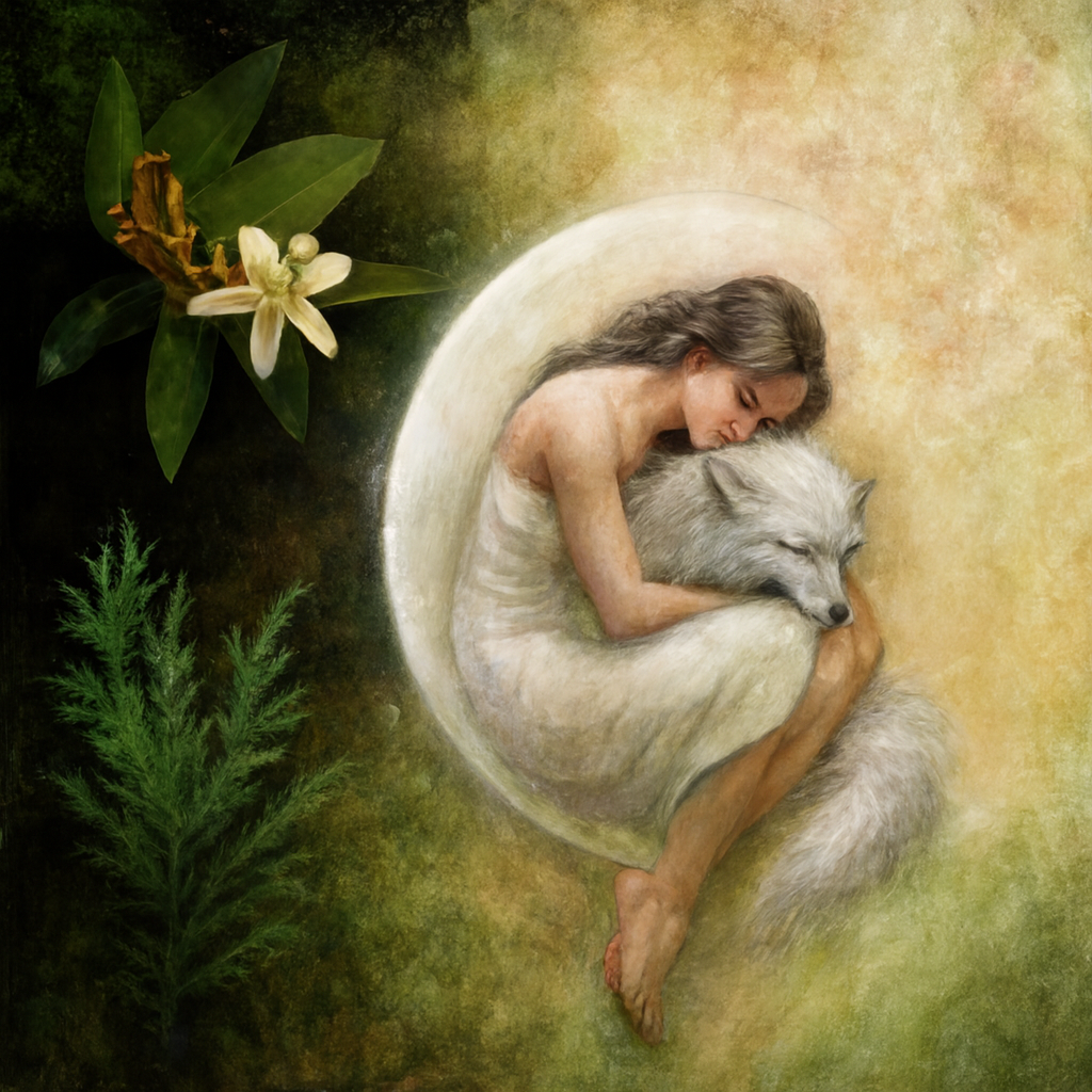 Neroli de la Luna™ Fragrance Oil visualized as a woman curled up inside a glowing moon, cradling a silver fox, surrounded by delicate white neroli blossoms and lush cedar foliage — evoking the fragrance’s mysterious, nocturnal elegance.