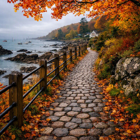 A rain soaked cobblestone coastal path lined with fallen autumn leaves, bordered by a wooden railing on the left and rocky, foliage-covered terrain on the right, with orange and yellow leaves overhead. This is what November Rain Fragrance Oil smells like.