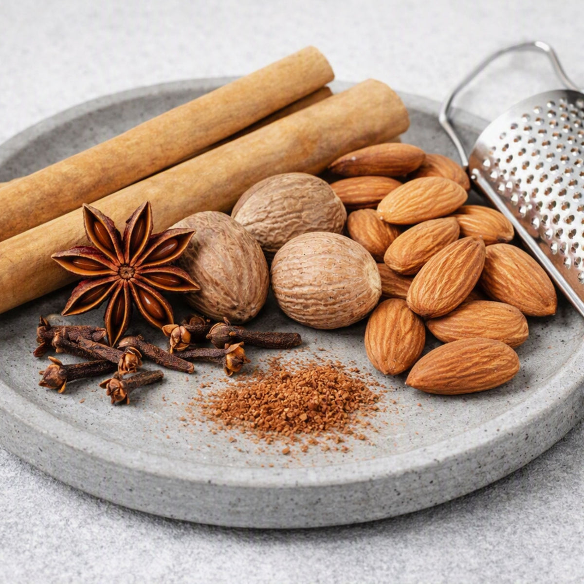 A styled flat-lay of whole spices on a round gray plate, including cinnamon sticks, star anise, whole spices, almonds, a nutmeg, and ground cinnamon, with a metal grater partially visible on a light gray textured surface. To project what the Fragrance Oil Nutmeg and Spice smells like.