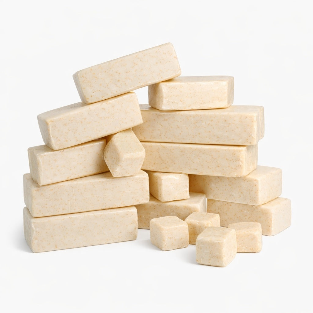 A loose stack of thirteen creamy oatmeal melt and pour soap base bars with a few small cubes scattered nearby, all set against a clean white background. The bars and cubes have smooth surfaces with visible golden specks, highlighting their natural oatmeal texture.