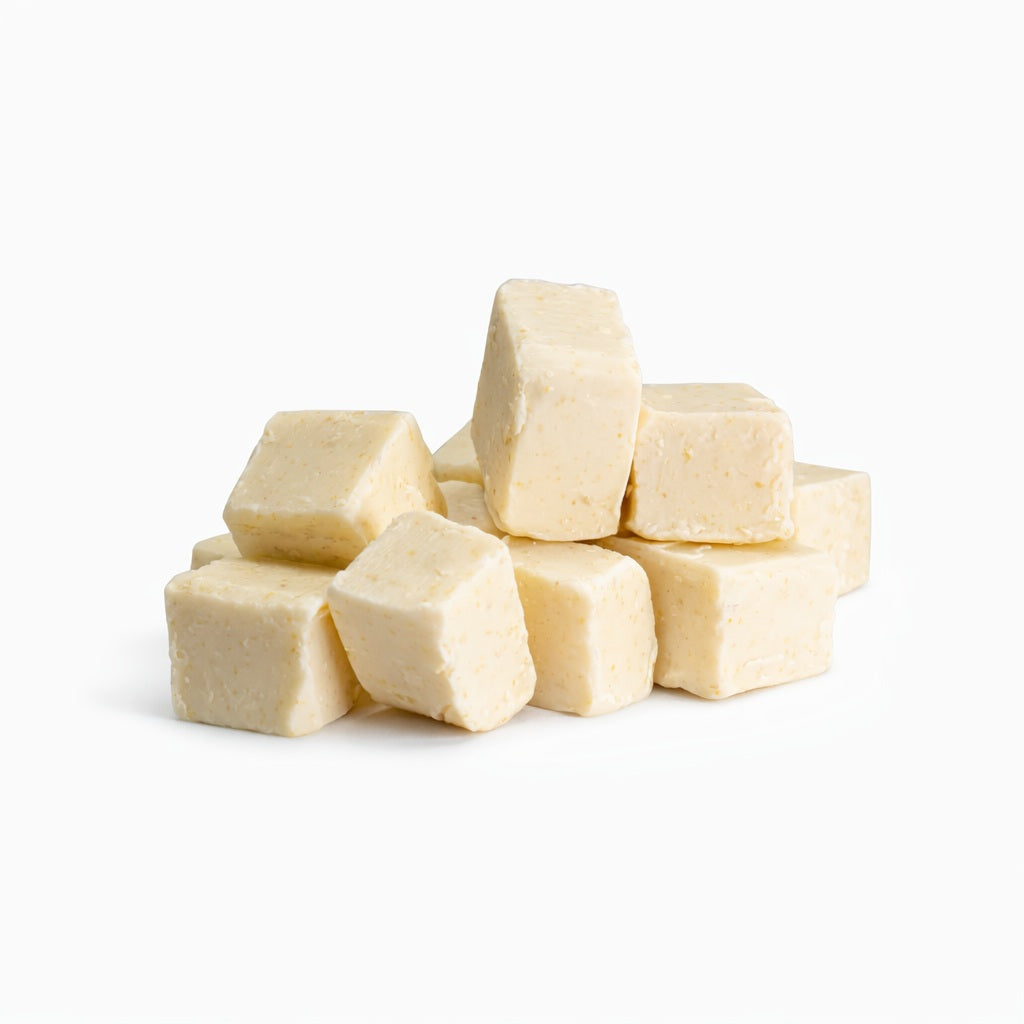 Cream colored Oatmeal Melt and Pour Soap Base cubes of various sized cubes.