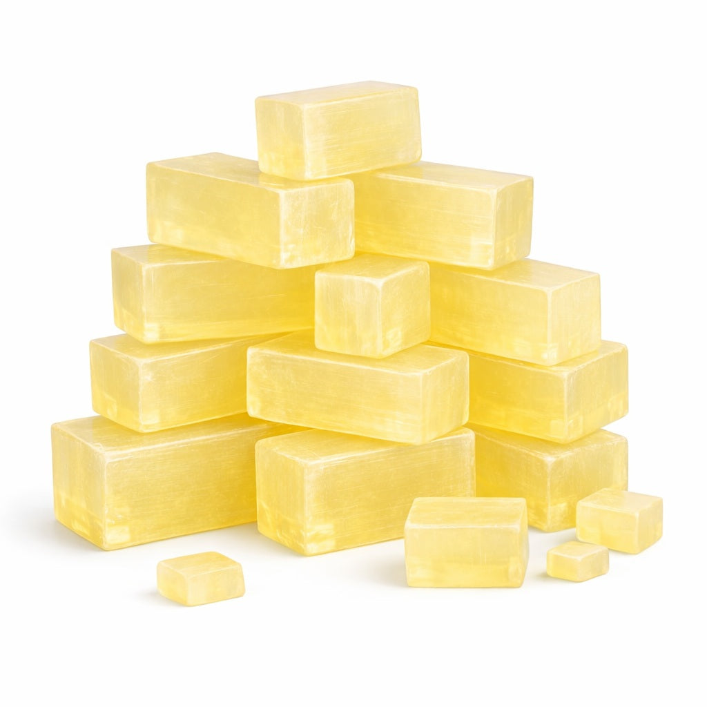 Olive Melt and Pour Soap Base — fourteen translucent golden-yellow rectangular soap blocks stacked in a pyramid formation with a few smaller pieces scattered around the base, all on a clean white background. The smooth, glossy surfaces and soft lighting highlight the soap’s warm, natural translucency.