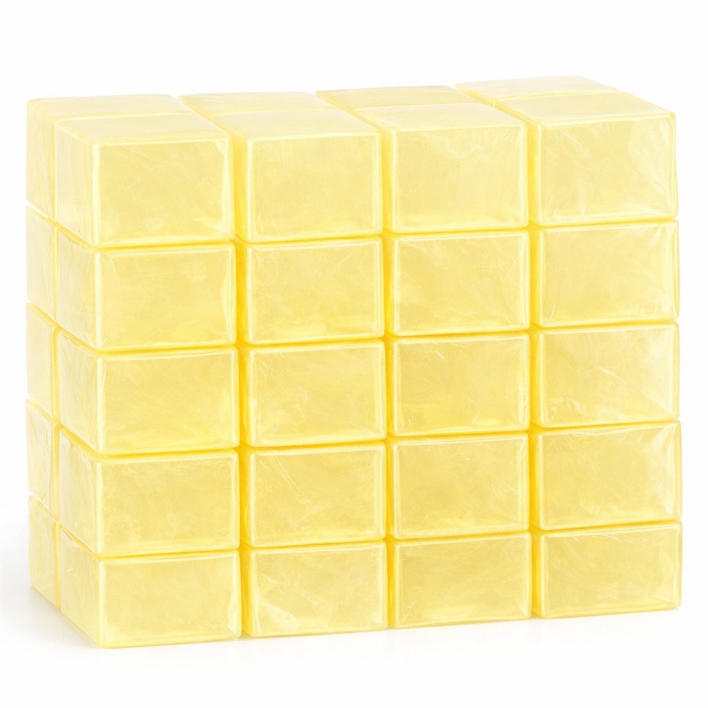 Forty translucent Olive Oil melt and pour yellow-olive soap cubes wrapped in clear cellophane, stacked neatly in a grid on a pure white background. The smooth, glossy surfaces and tight wrapping highlight the soap’s warm color and clean geometric arrangement.
