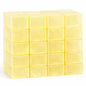 Forty translucent Olive Oil melt and pour yellow-olive soap cubes wrapped in clear cellophane, stacked neatly in a grid on a pure white background. The smooth, glossy surfaces and tight wrapping highlight the soap’s warm color and clean geometric arrangement.