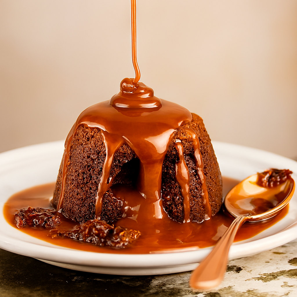 Molten chocolate cake with thick caramel oozing from the center and cascading down the sides, served on a white plate with a spoon — visually representing Ooey Gooey Caramel Goodness Fragrance Oil.