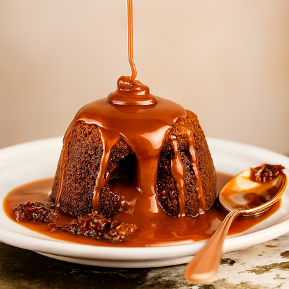 Molten chocolate cake with thick caramel oozing from the center and cascading down the sides, served on a white plate with a spoon — visually representing Ooey Gooey Caramel Goodness Fragrance Oil.