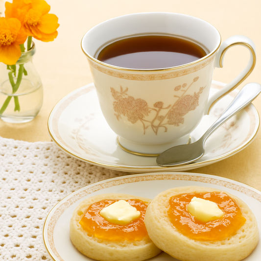 Two crumpets topped with melting butter and orange marmalade beside a porcelain teacup with tea and spoon, set on a lace doily — visually representing Orange Tea and Crumpets™ Fragrance Oil.