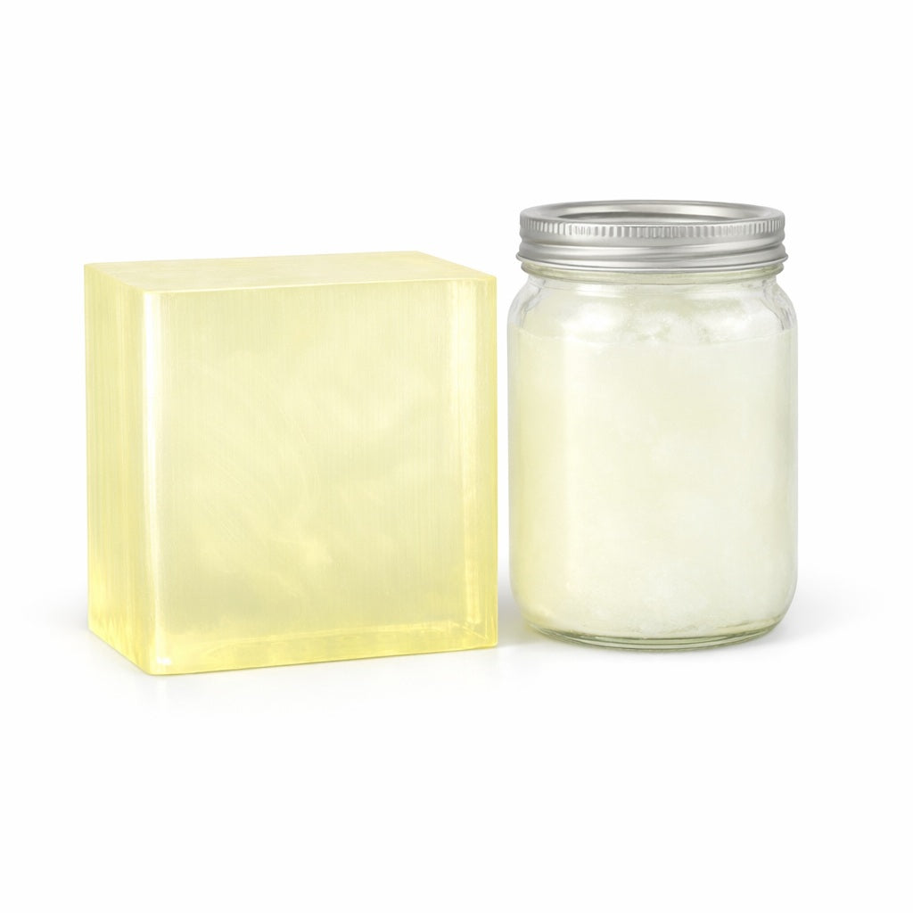 Clear Organic Oil Melt and Pour Soap Base block next to a jar of organic coconut and palm oils.