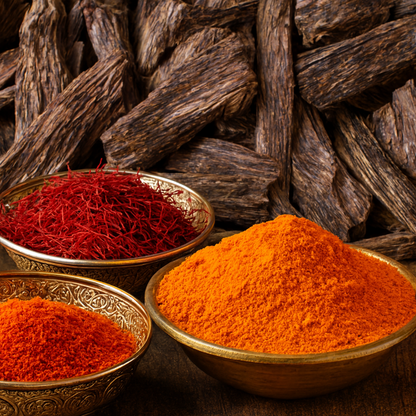 Decorative bowls of saffron threads and turmeric powder set against textured oud wood — visual representation of Oud, Turmeric and Saffron Fragrance Oil.