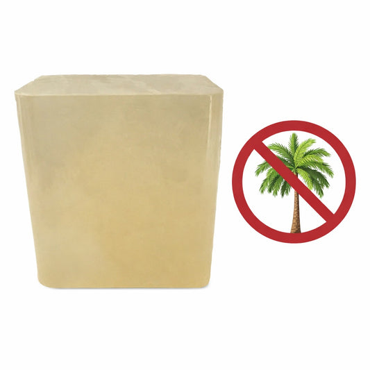 clear block of soap with a palm tree icon crossed out to represent no palm oil used on a white background