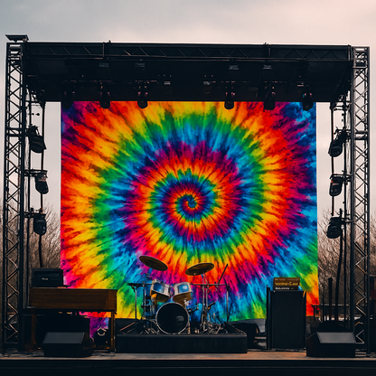 Grateful Dead–inspired concert stage with vibrant tie-dye banner and instruments — visual for Patchouli Dreams Fragrance Oil.