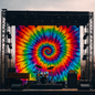 Grateful Dead–inspired concert stage with vibrant tie-dye banner and instruments — visual for Patchouli Dreams Fragrance Oil.