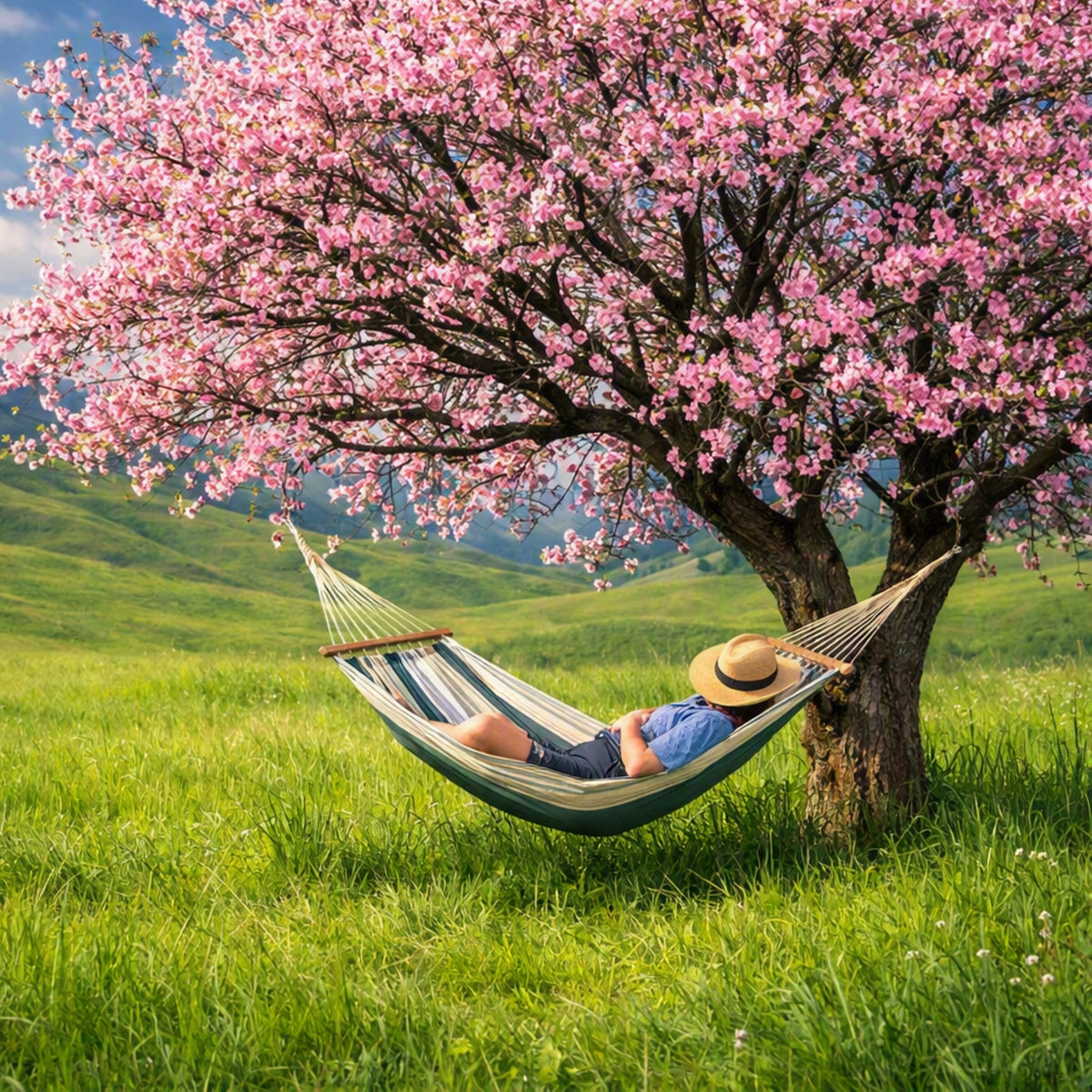 A person relaxes in a striped hammock suspended beneath a large blooming pink peach tree in a grassy valley field. Used to give the feel for Peaceful Valley Fragrance Oil.