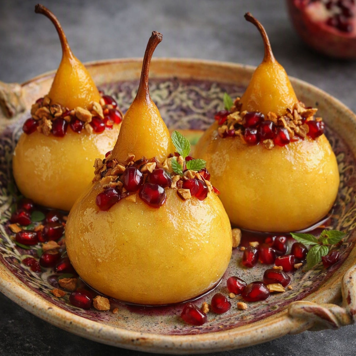 Three golden-baked pears topped with chopped nuts and bright red pomegranate seeds, served on a decorative ceramic plate with scattered pomegranate seeds. This looks like what the Pear and Pomegranate Fragrance Oil smells like.