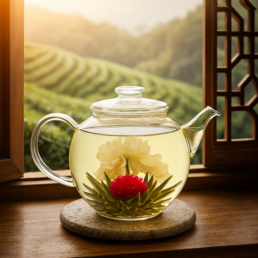 Clear glass teapot with blooming peony white tea flower on stone trivet — visual for Peony White Tea Fragrance Oil.