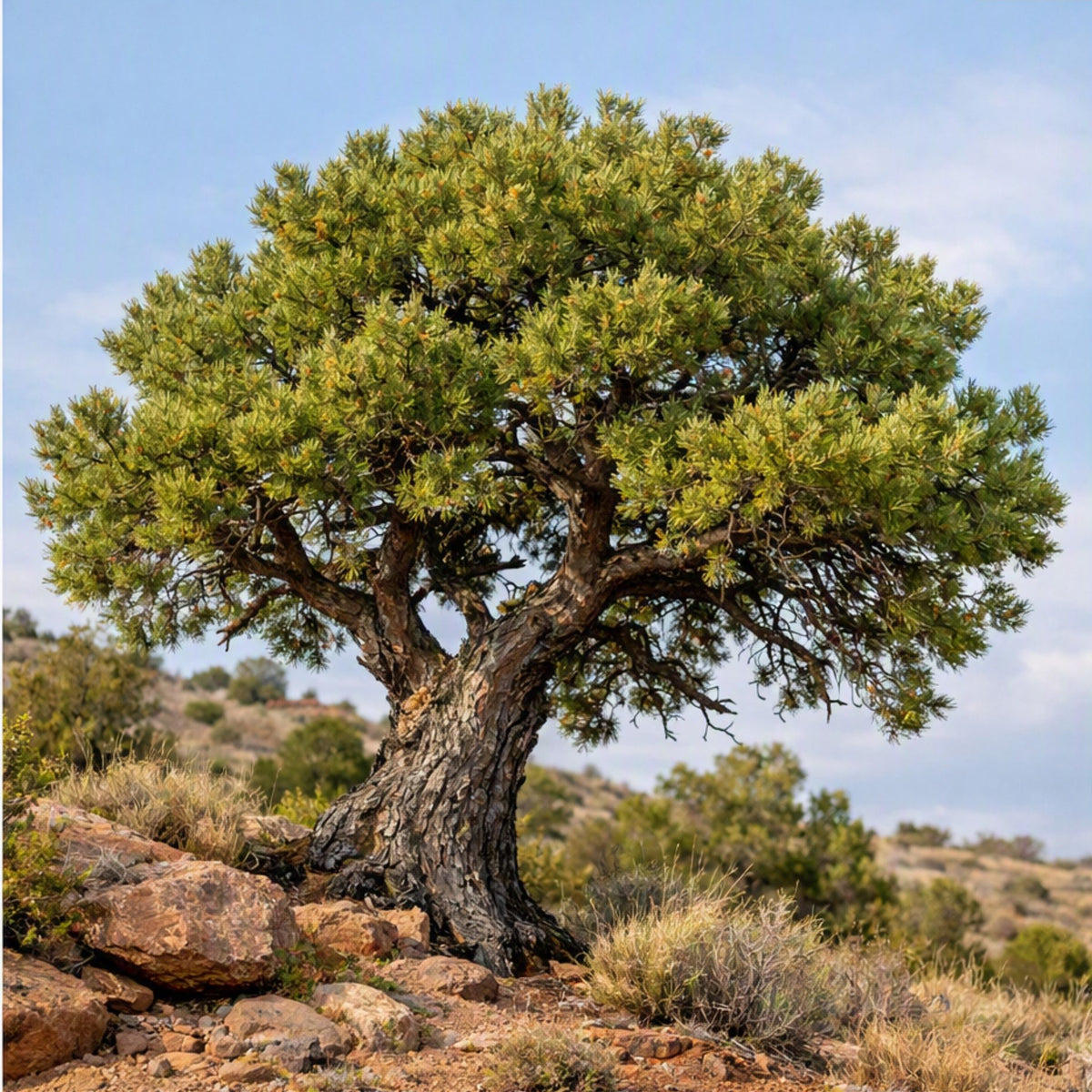 An ancient, pinion pine tree with dense green foliage stands on rocky, dry ground under a blue sky. Gives the feel for the Pinion Pine Fragrance Oil