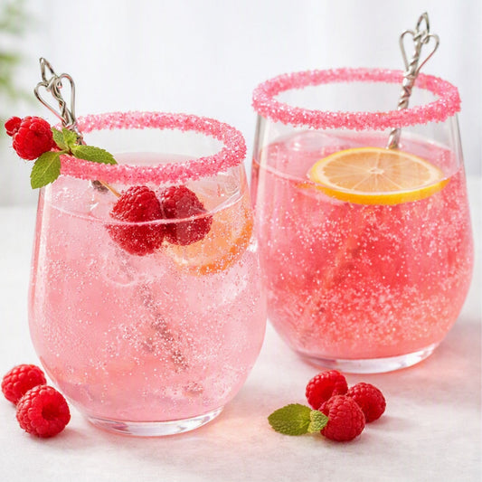 Two pink sparkling cocktails in clear stemless glasses, rimmed with pink sugar and garnished with raspberries, mint, and lemon slices, set on a light surface with additional raspberries around them. Gives the feel for the smell of Pink Fizz Clean Fragrance Oil.