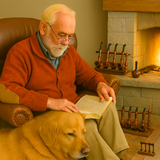 Elderly man in patched cardigan reading by the fire with golden retriever at his feet, pipe rack nearby — nostalgic scene evoking tobacco, cherry, and vanilla notes of Pipes and Patches Fragrance Oil.
