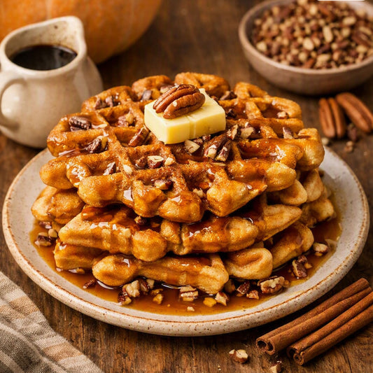 A stack of golden-brown waffles topped with a pat of butter and chopped pecans, served on a ceramic plate with syrup, cinnamon sticks, and a small pitcher on a wooden table. This is what Pumpkin Pecan Waffles Fragrance Oil smells like.