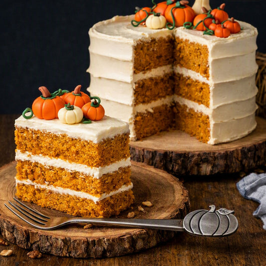 A frosted pumpkin cake displayed on rustic wood slices, with a slice cut and placed in front. The cake has orange sponge layers, white frosting, and small orange and white decorative pumpkins on top and around the edge. The Fragrance Oil Pumpkin Spice Cake smells like this.