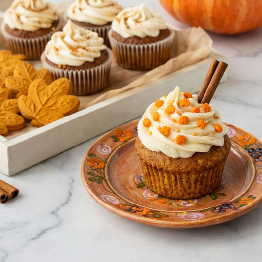 A frosted pumpkin cupcake with orange candy corn sprinkles and cinnamon sticks on a decorative plate, with more cupcakes and cookies in the background on a marble surface. Smells like Pumpkin Cupcake Fragrance Oil