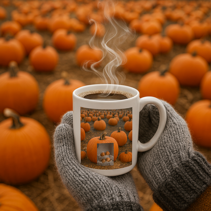 Mittened hands holding steaming pumpkin coffee mug in vibrant pumpkin patch, representing Pumpkin Coffee Fragrance Oil’s warm, cozy autumn scent