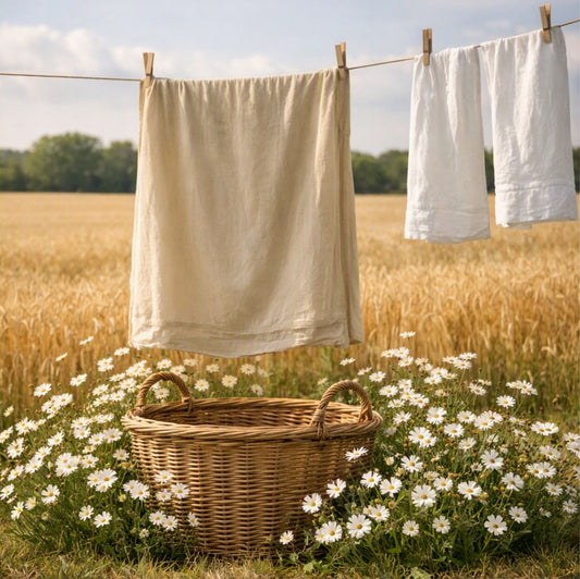 A beige linen towel hangs on a clothesline in a sunlit wheat field, with white towels on the right and a wicker basket surrounded by white flowers in the foreground. Gives the feel for Pure Linen Clean Fragrance Oil