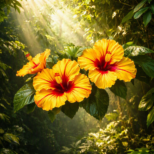 Three bright yellow hibiscus flowers with deep red centers and green leaves, photographed in a sunlit jungle setting with light rays filtering through the foliage. The feel of Rainforest Hibiscus Fragrance Oil