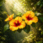 Three bright yellow hibiscus flowers with deep red centers and green leaves, photographed in a sunlit jungle setting with light rays filtering through the foliage. The feel of Rainforest Hibiscus Fragrance Oil