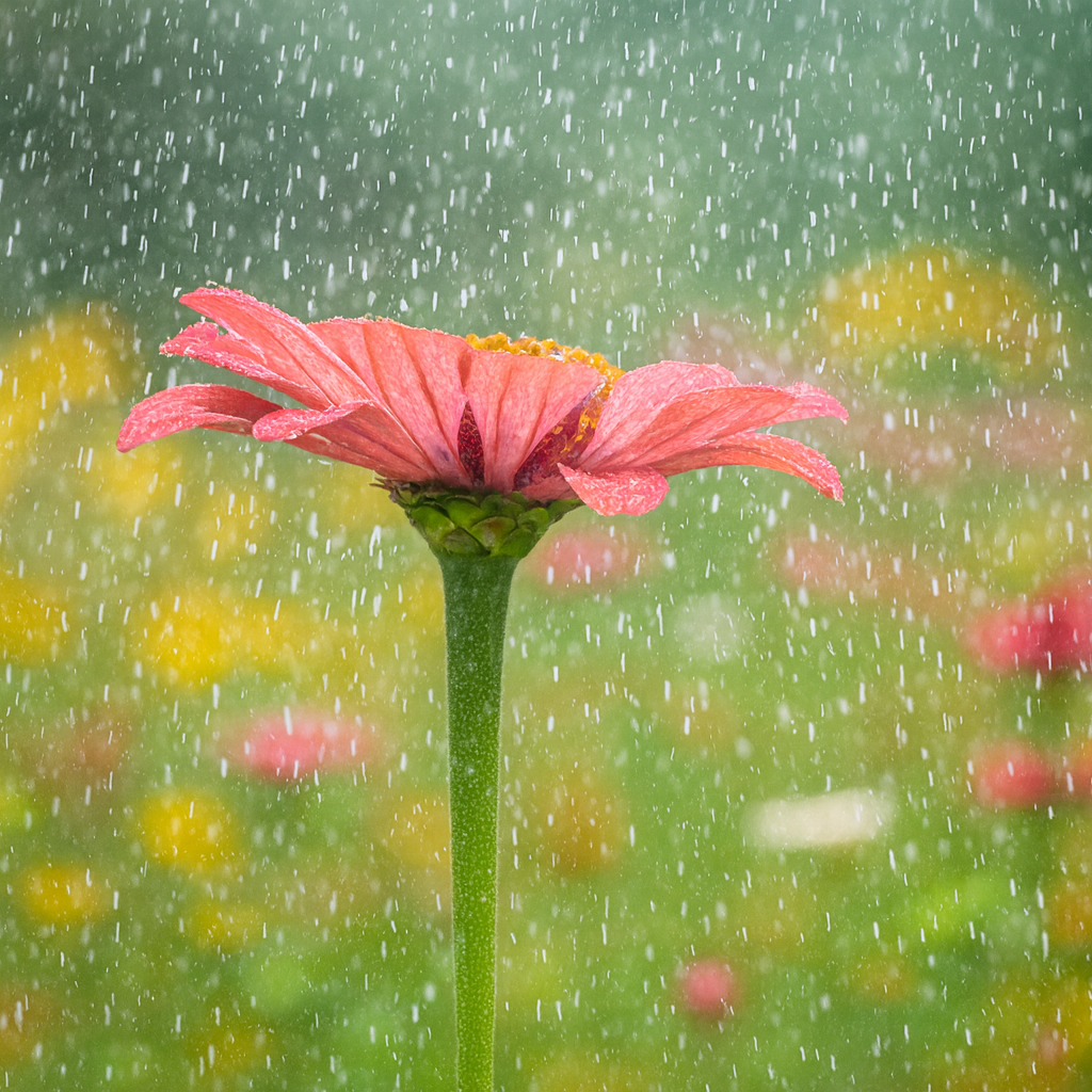 Pink flower in wildflower meadow with vivid falling rain, representing Rainswept Meadow Fragrance Oil’s fresh rain and green spring scent