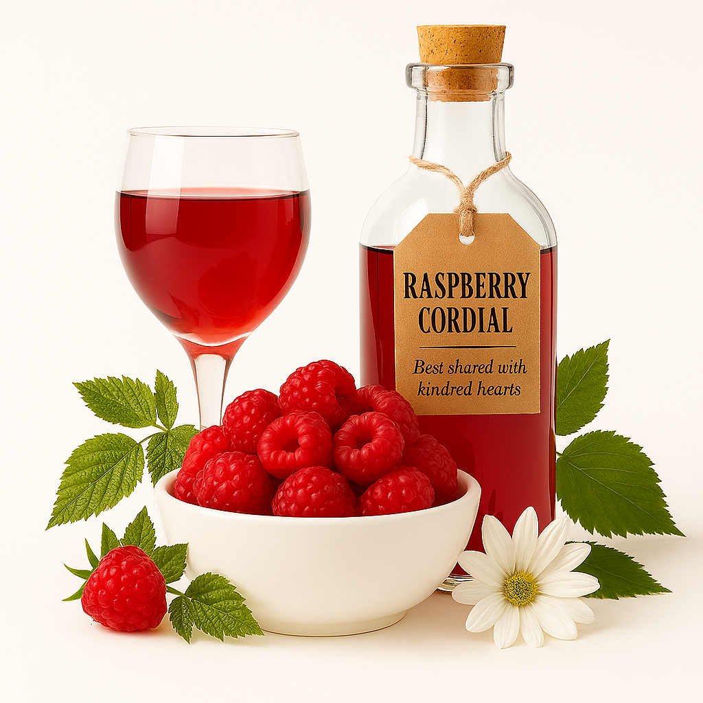 Still life inspired by Raspberry Cordial Fragrance Oil, featuring a vintage bottle with poetic label, glass of ruby cordial, bowl of ripe raspberries, and daisy flower