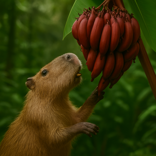 Capybara reaching for a ripe red banana in a tropical rainforest, evoking the lush inspiration behind Red Banana Fragrance Oil
