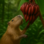 Capybara reaching for a ripe red banana in a tropical rainforest, evoking the lush inspiration behind Red Banana Fragrance Oil