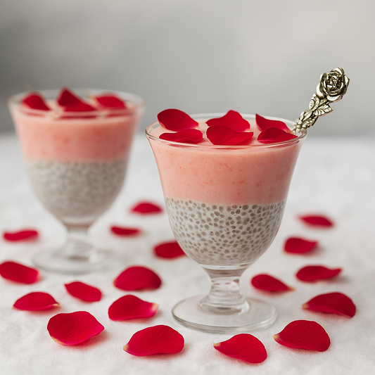 "Chia pudding and pink mousse dessert topped with fresh rose petals, evoking Rose Petals and Cream Fragrance Oil’s romantic floral and gourmand inspiration