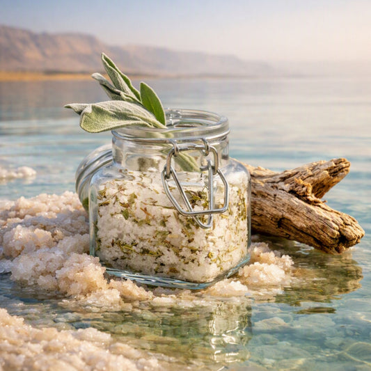 A clear glass clamp-lid jar filled with white bath salts and sage herbs, set in shallow water on a salt flat with driftwood and distant mountains. Gives the feel for Sage and Sea Minerals Fragrance Oil.