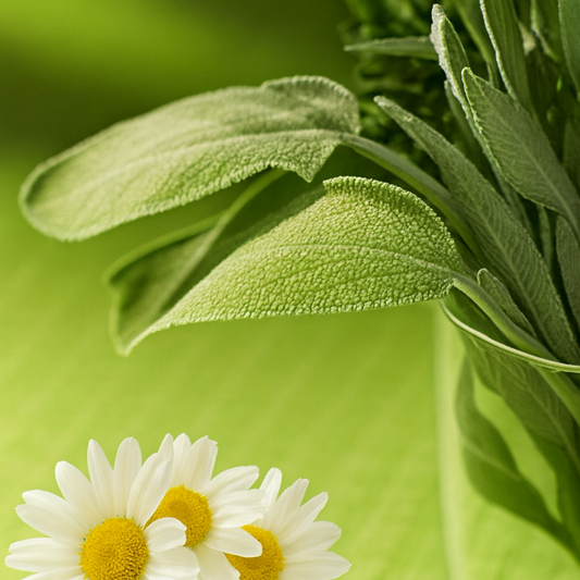 Fuzzy green sage leaves in glass with white chamomile flowers on soft green background, evoking Sage and Chamomile™ Fragrance Oil’s herbal and floral calm