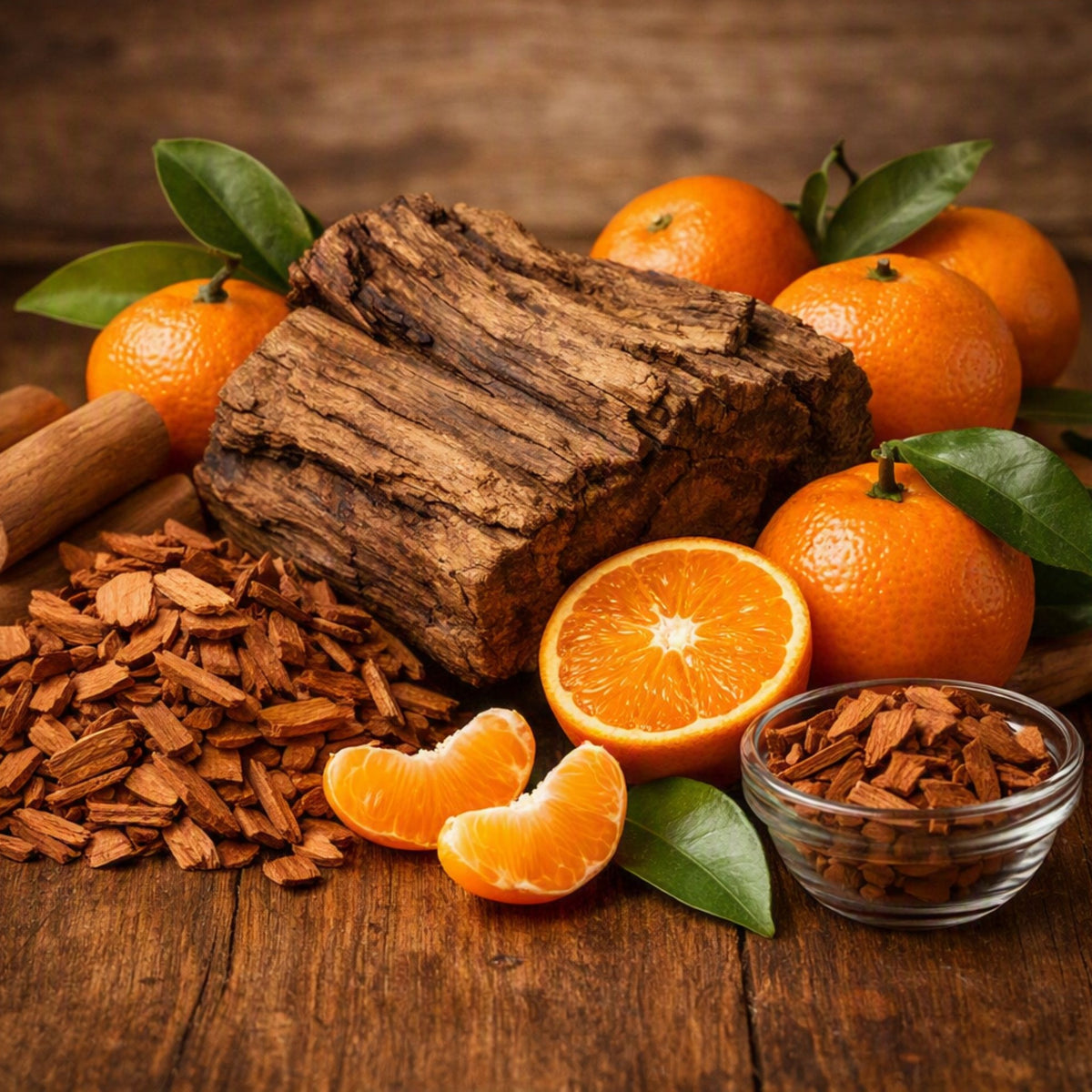 A rustic arrangement of mandarins and sandalwood pieces on a wooden surface, with a small glass bowl containing brown bark chips in the foreground. What the fragrance oil Sandalwood and Mandarin would smell like.