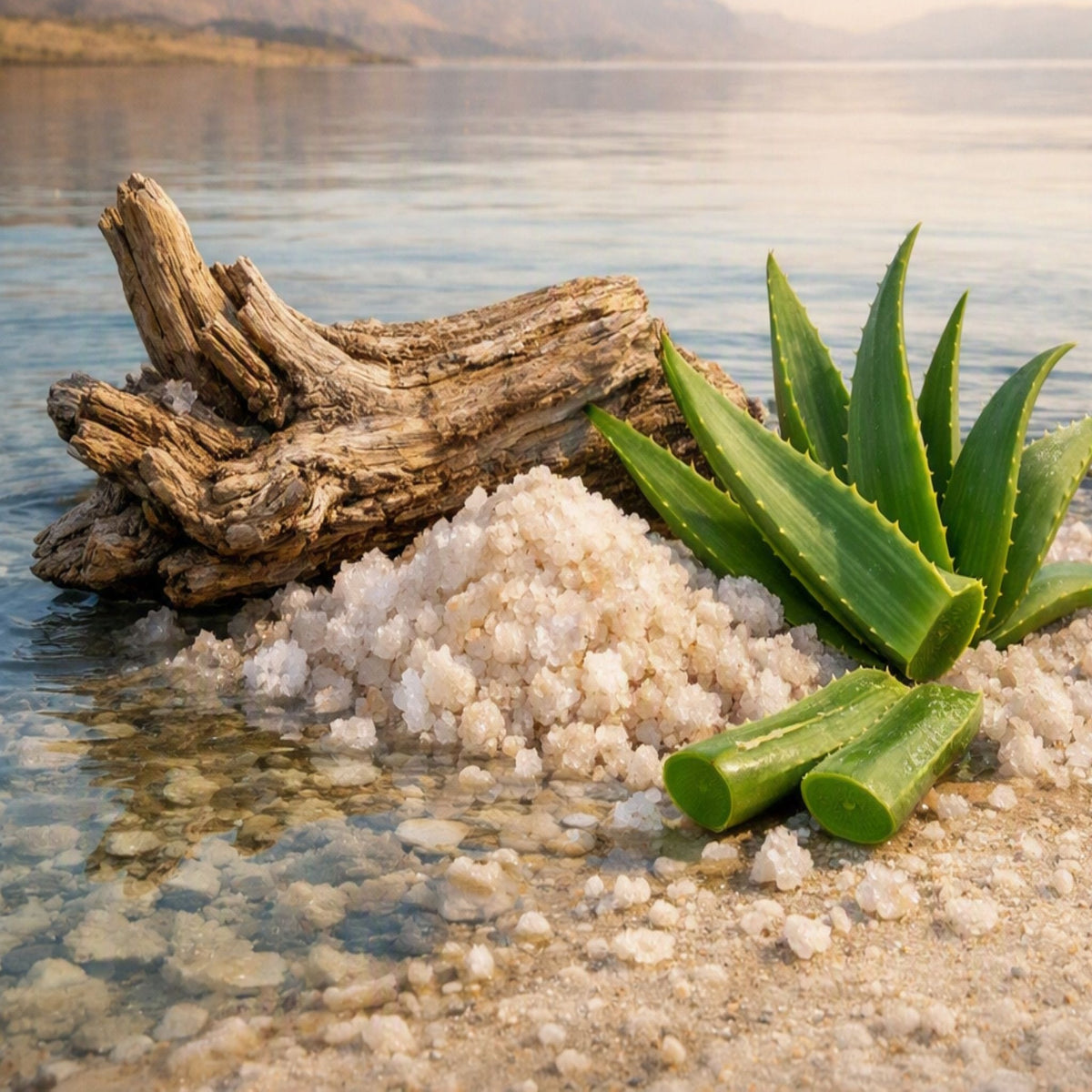 A pile of coarse white salt crystals on a sandy shore beside green aloe vera leaves and weathered driftwood, with calm water and distant hills in the background. Gives the idea for Sea Salt and Agave Fragrance Oil