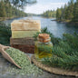 Natural handmade soap bars and a small glass bottle of Sea Salt and Pine Fragrance oil arranged outdoors on a stone surface with evergreen branches, a wooden scoop of green bath salts, and a river and forest in the background.