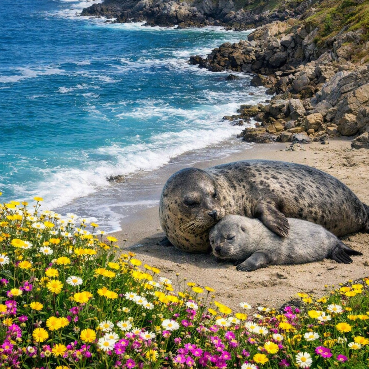 A mother seal and her pup resting on a sandy beach next to the blue ocean, with colorful yellow, pink, and white flowers in the foreground and rocky coastline in the background. Gives the feel for Sea Swept Fragrance Oil.