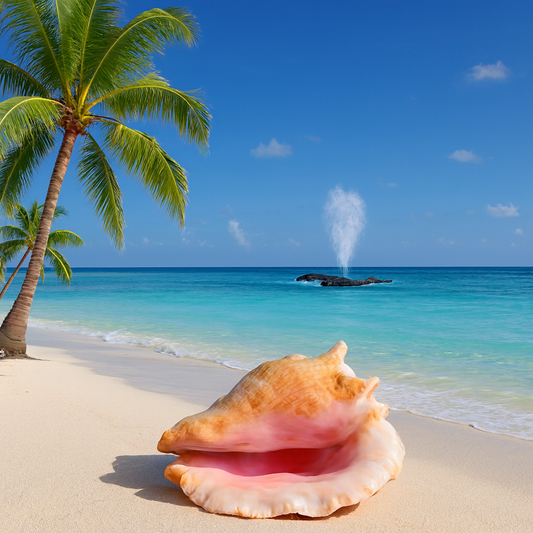 Large conch shell on white sand with turquoise ocean and palm trees, evoking the coastal romance of Seashells™ Fragrance Oil