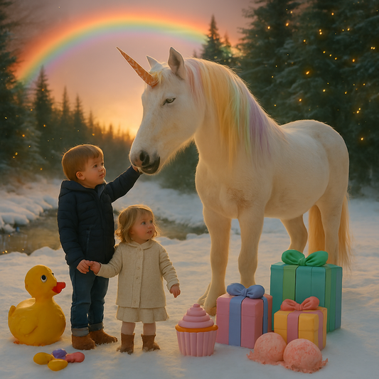 Serendipity fragrance oil inspired scene — little boy reaches up to pet unicorn while holding sister’s hand; pastel presents scattered in snowy meadow; rainbow arcs above pine trees glowing with fireflies.