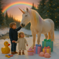 Serendipity fragrance oil inspired scene — little boy reaches up to pet unicorn while holding sister’s hand; pastel presents scattered in snowy meadow; rainbow arcs above pine trees glowing with fireflies.