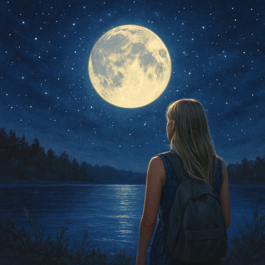 Girl with long blonde hair stands by moonlit lake under starry sky, wearing backpack and gazing at full moon — Share My Moon Fragrance Oil inspired