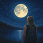 Girl with long blonde hair stands by moonlit lake under starry sky, wearing backpack and gazing at full moon — Share My Moon Fragrance Oil inspired